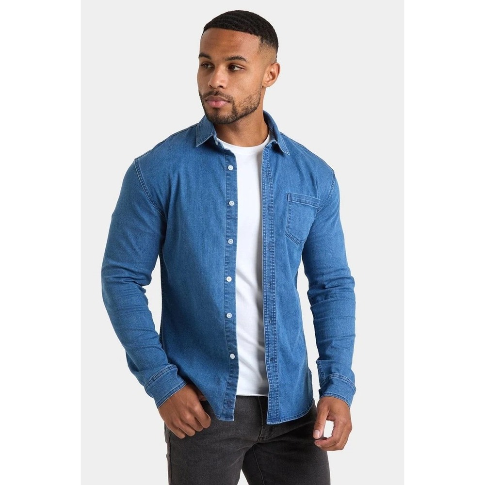 Tailored Athlete Mens XXL Blue Denim Long Sleeve Stretch Button Down Shirt NWT